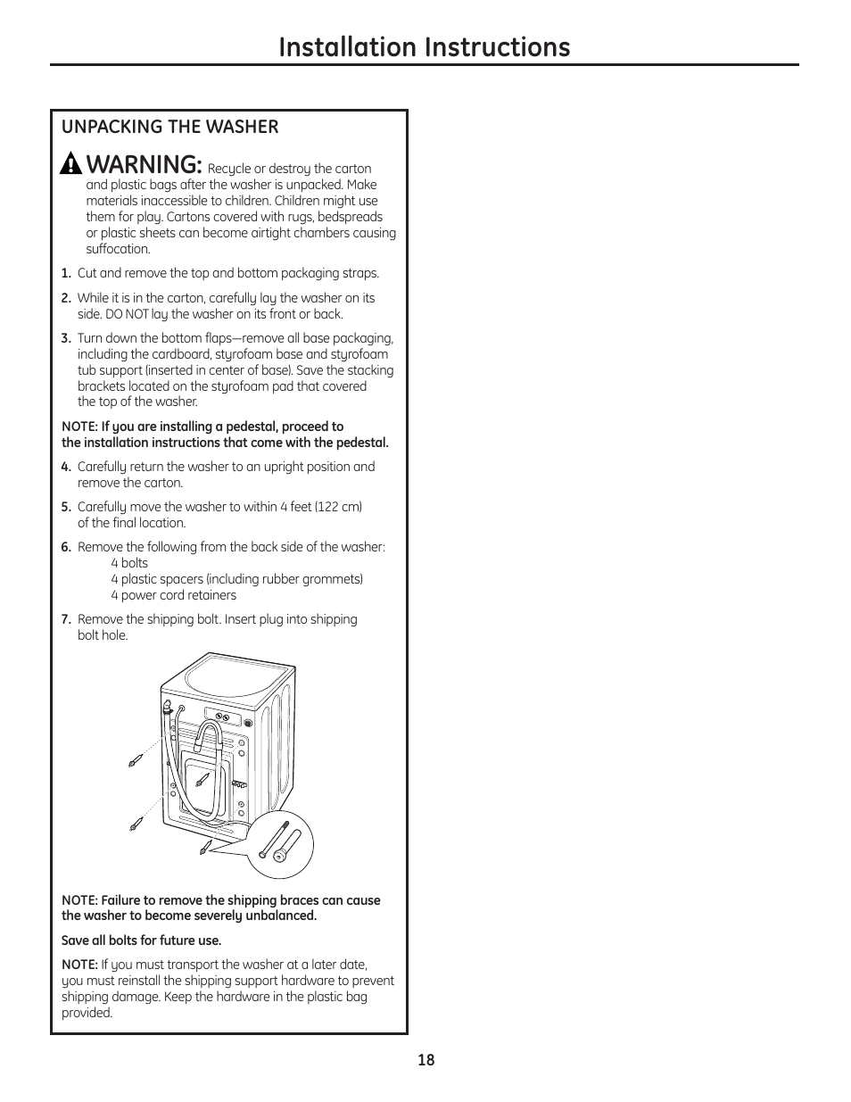 Unpacking your washer, Installation instructions, Warning | Unpacking the washer | GE Profile WPDH8910K User Manual | Page 18 / 84