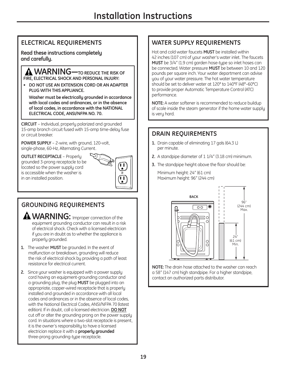 Drain requirements, Electrical requirements, Grounding requirements | Water supply requirements, Installation instructions, Warning, Grounding requirements water supply requirements | GE Profile WPDH8910K User Manual | Page 19 / 84