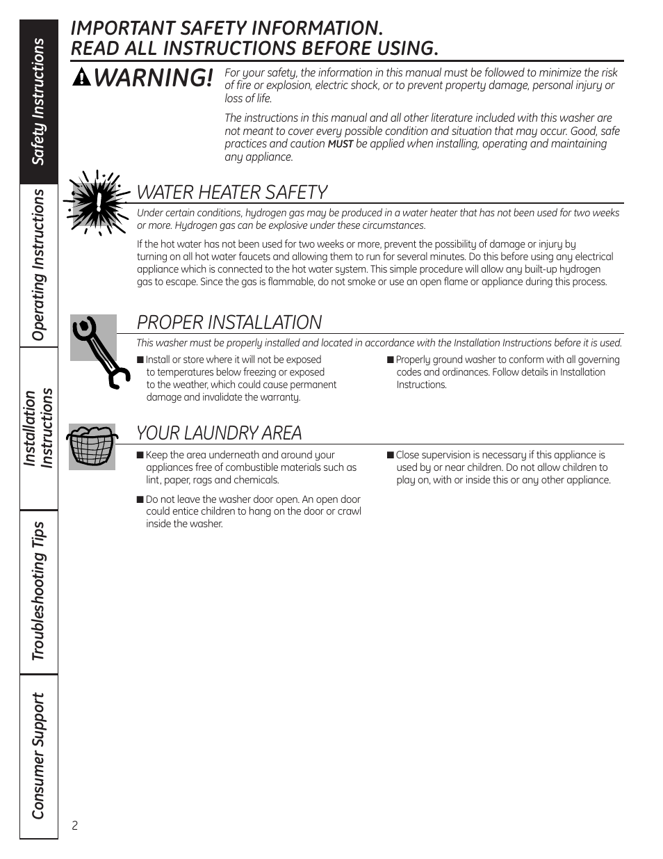 Safety instructions, Warning, Water heater safety | Proper installation, Your laundry area | GE Profile WPDH8910K User Manual | Page 2 / 84