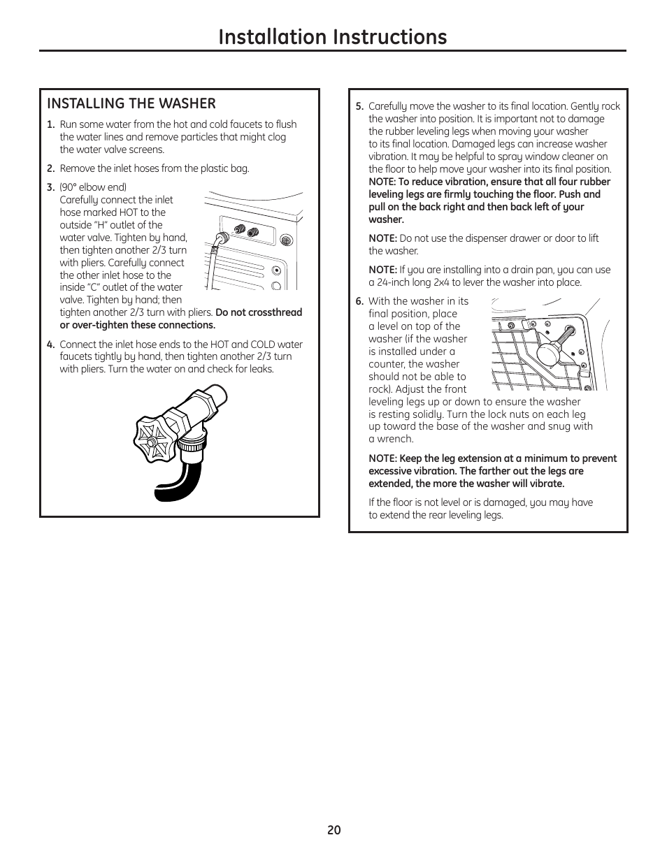 Installing the washer, Installing the washer , 21, Installation instructions | GE Profile WPDH8910K User Manual | Page 20 / 84