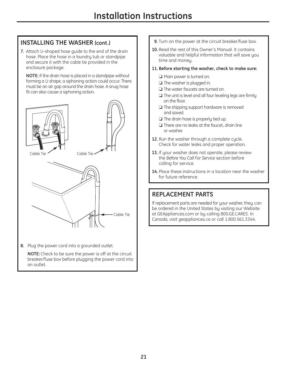 Replacement parts, Installation instructions, Installing the washer | GE Profile WPDH8910K User Manual | Page 21 / 84