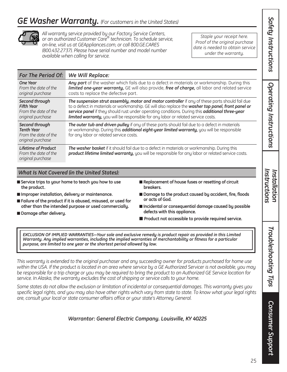 Warranty (u.s.), Ge washer warranty | GE Profile WPDH8910K User Manual | Page 25 / 84