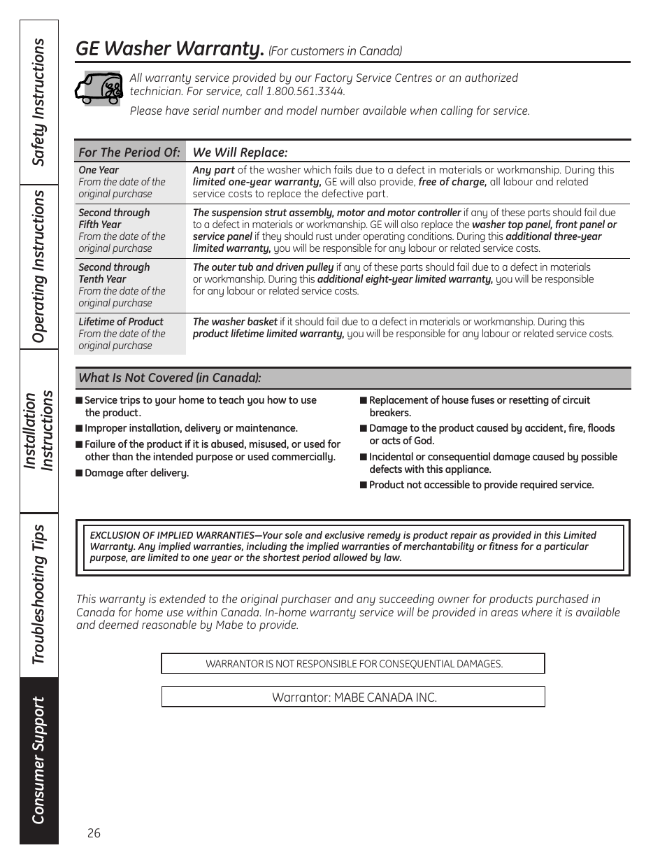 Warranty (canada), Ge washer warranty | GE Profile WPDH8910K User Manual | Page 26 / 84