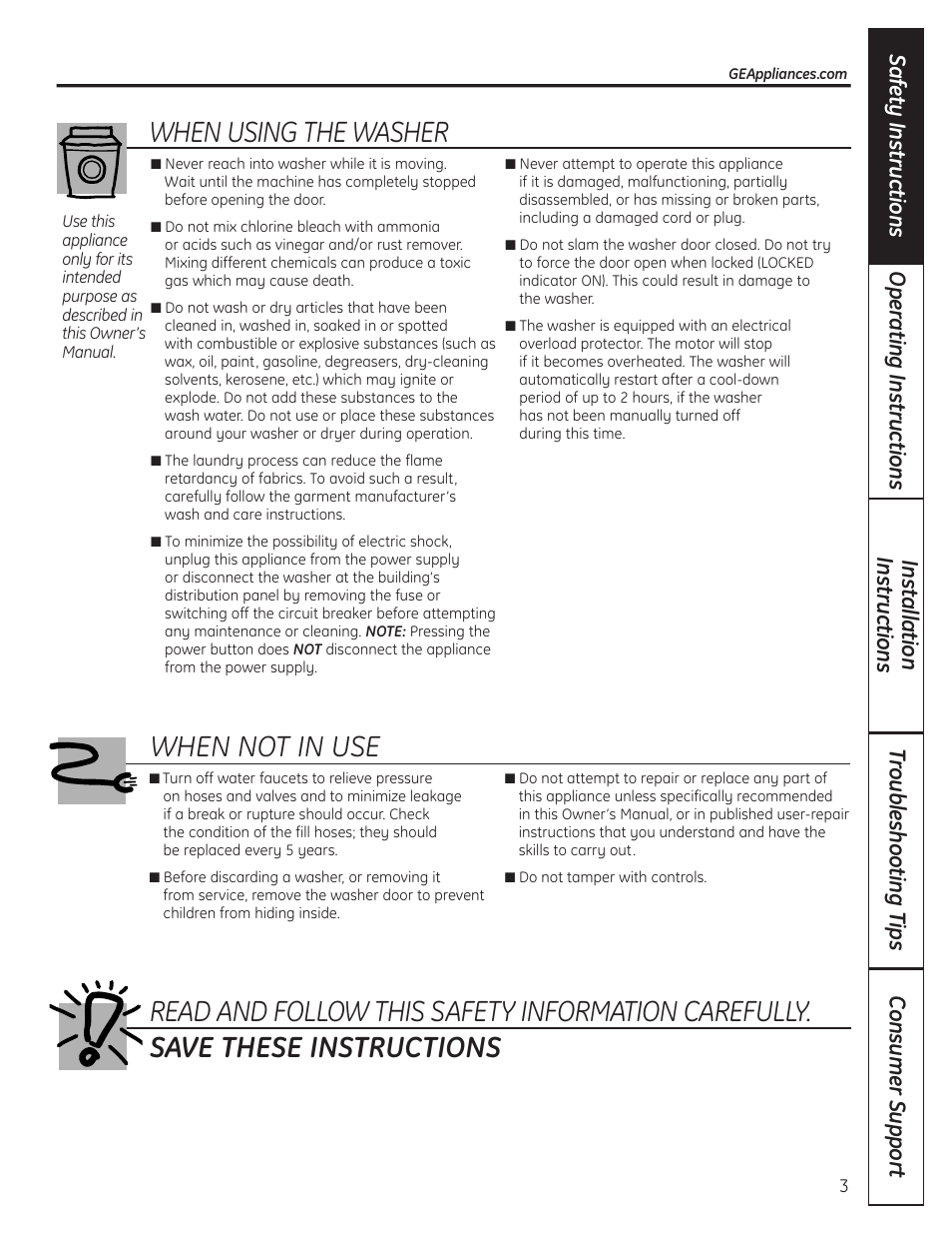 When using the washer | GE Profile WPDH8910K User Manual | Page 3 / 84