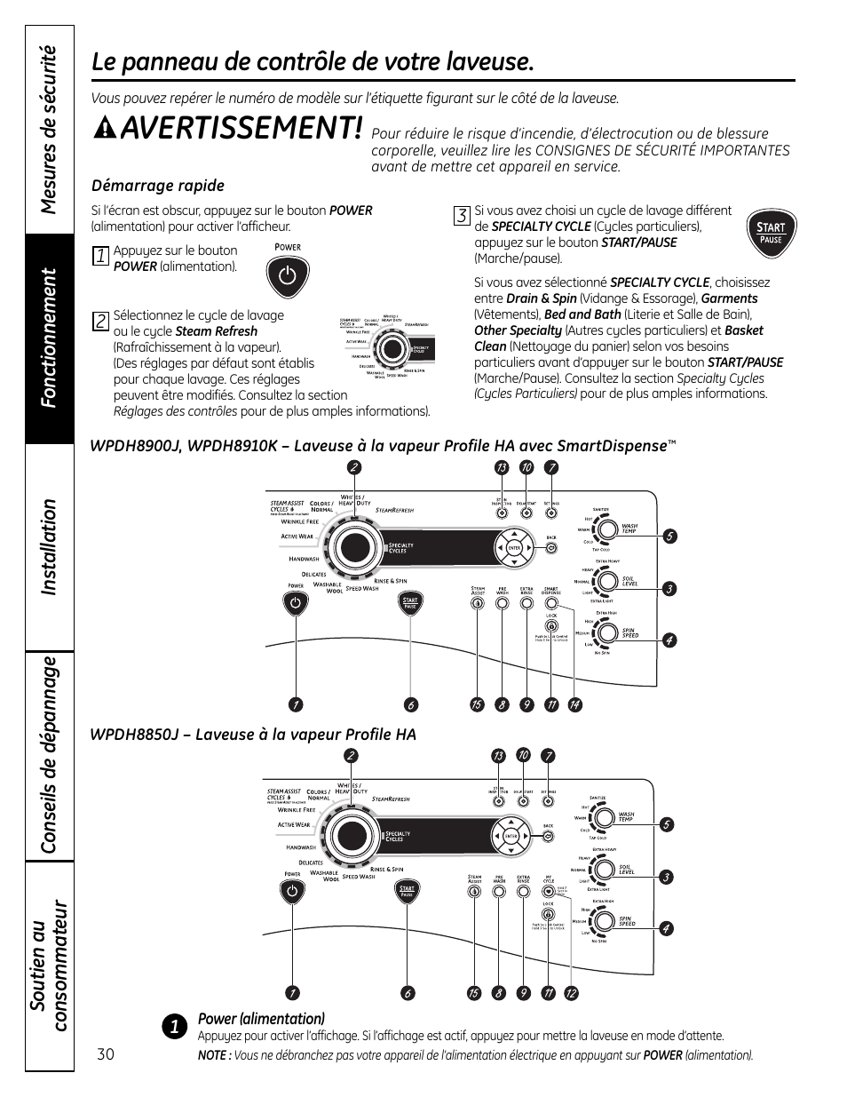 Panneau de contrôle, Avertissement, Le panneau de contrôle de votre laveuse | GE Profile WPDH8910K User Manual | Page 30 / 84