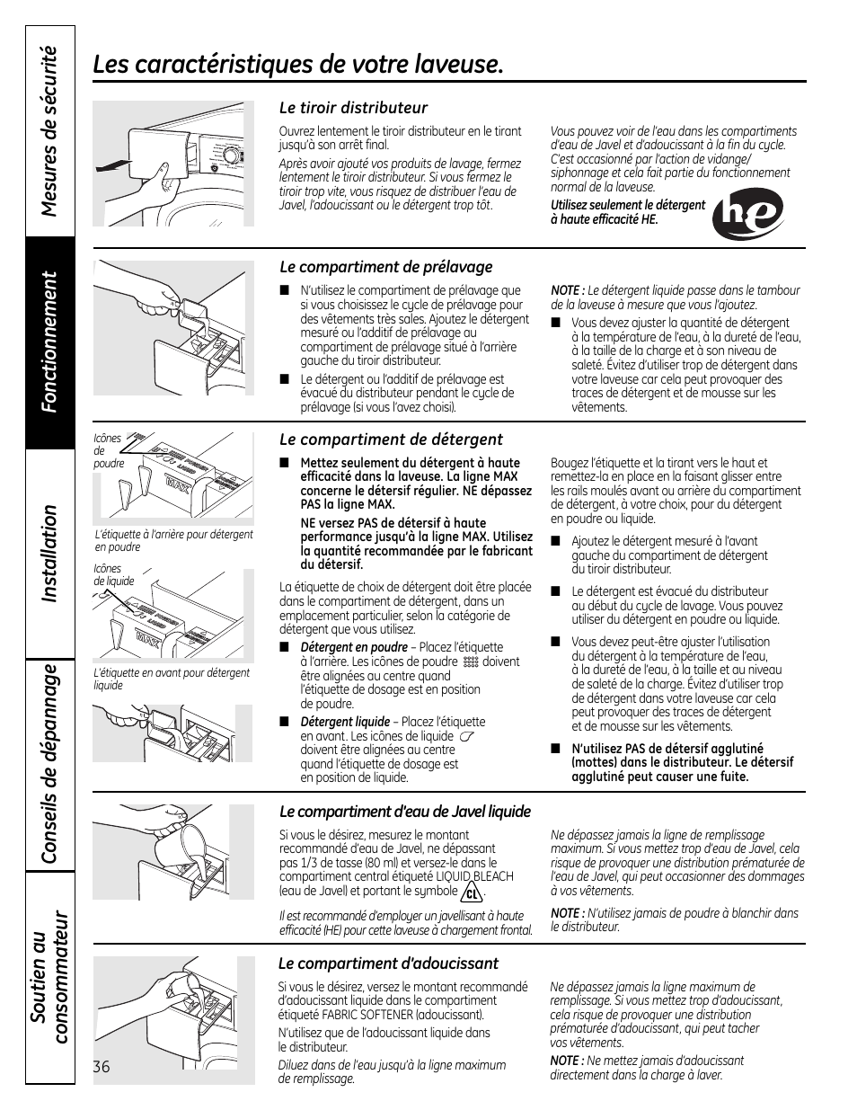 Caractéristiques, Les caractéristiques de votre laveuse | GE Profile WPDH8910K User Manual | Page 36 / 84