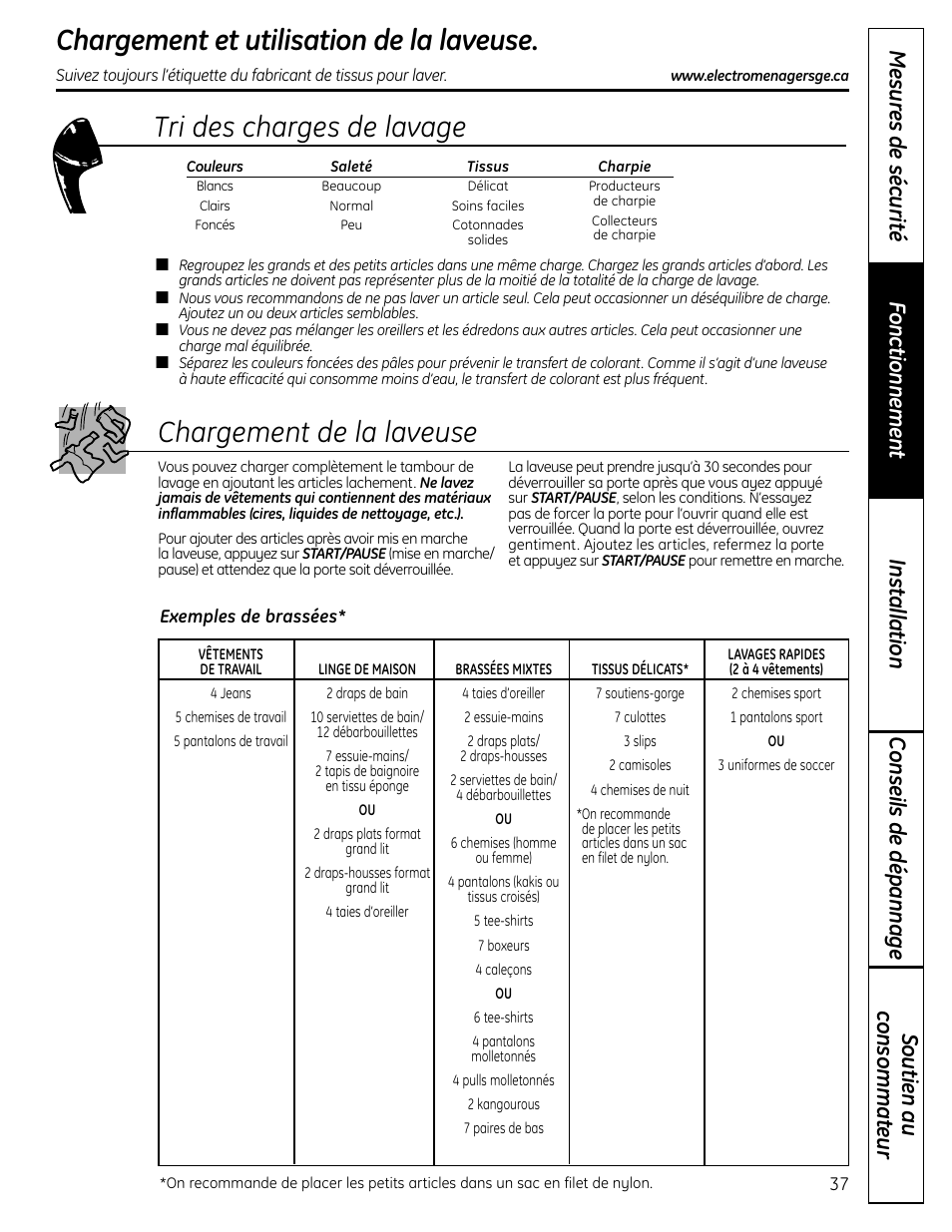 Chargement et utilisation de la laveuse, Chargement et utilisation de la laveuse –40, Tri des charges de lavage chargement de la laveuse | GE Profile WPDH8910K User Manual | Page 37 / 84