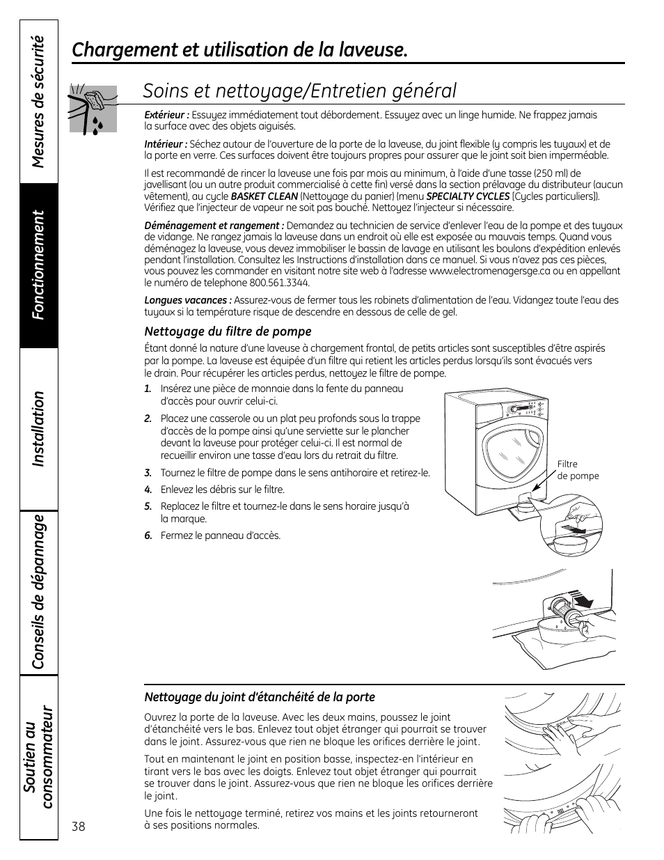 Soins et nettoyage/entretien général, Chargement et utilisation de la laveuse | GE Profile WPDH8910K User Manual | Page 38 / 84