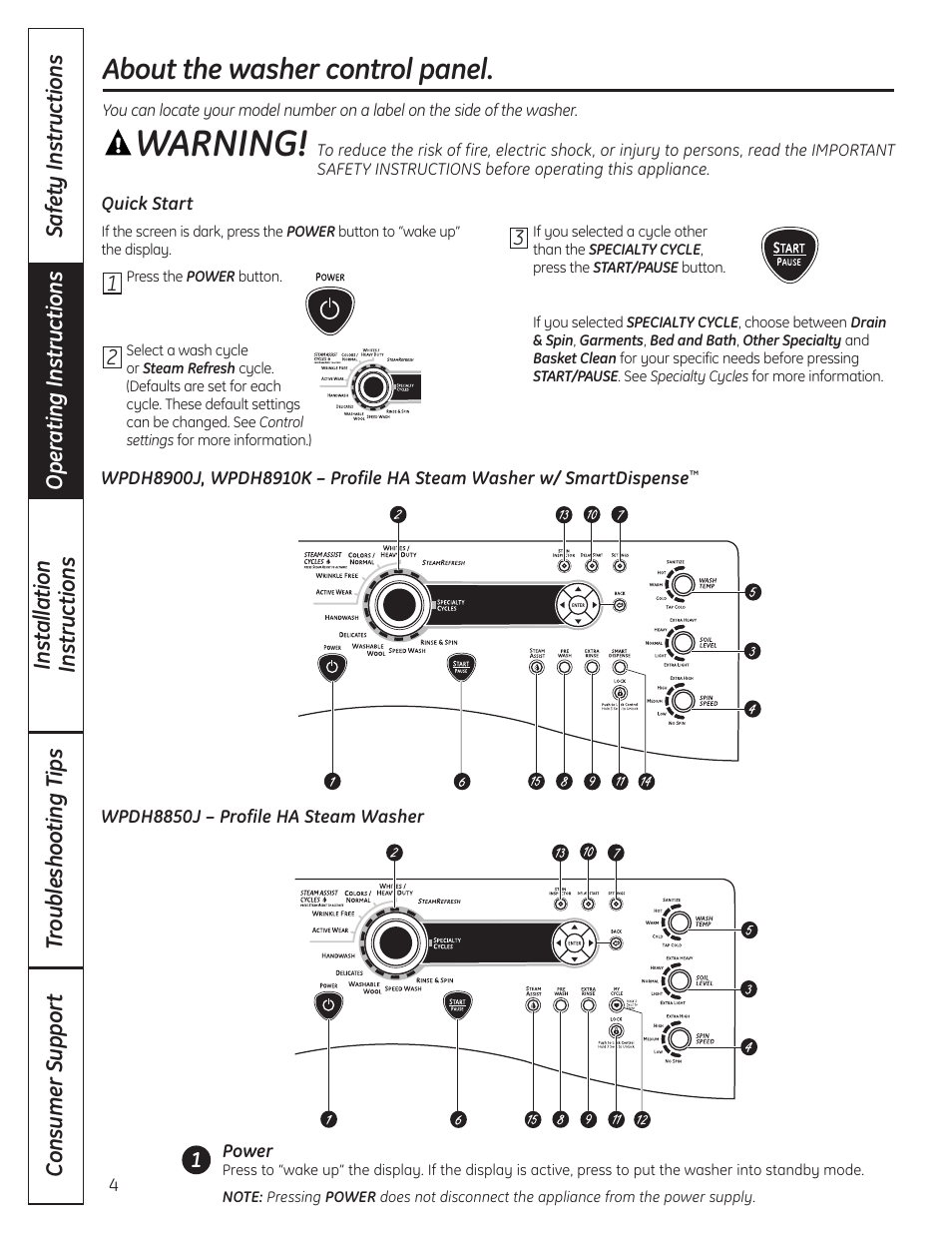 Control panel, Warning, About the washer control panel | GE Profile WPDH8910K User Manual | Page 4 / 84