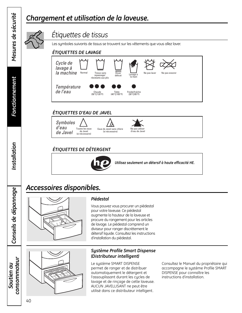 Accessoires disponibles, Cycle de lavage à la machine, Température de l’eau | Symboles d’eau de javel | GE Profile WPDH8910K User Manual | Page 40 / 84