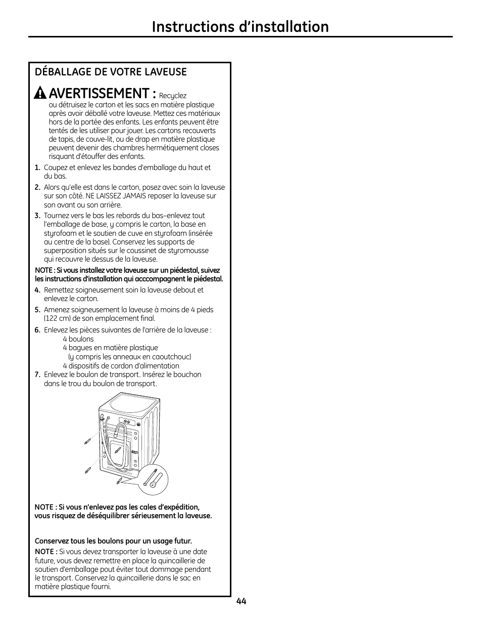 Déballage de votre laveuse, Instructions d’installation, Avertissement | GE Profile WPDH8910K User Manual | Page 44 / 84