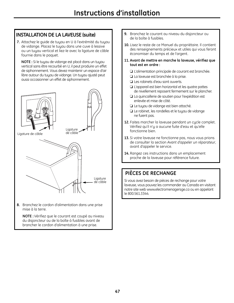 Pièces de rechange, Instructions d’installation, Installation de la laveuse (suite) | GE Profile WPDH8910K User Manual | Page 47 / 84