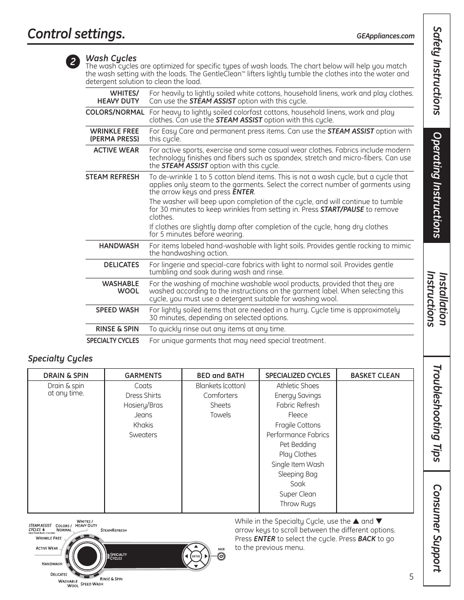 Control settings, Control settings –9 | GE Profile WPDH8910K User Manual | Page 5 / 84