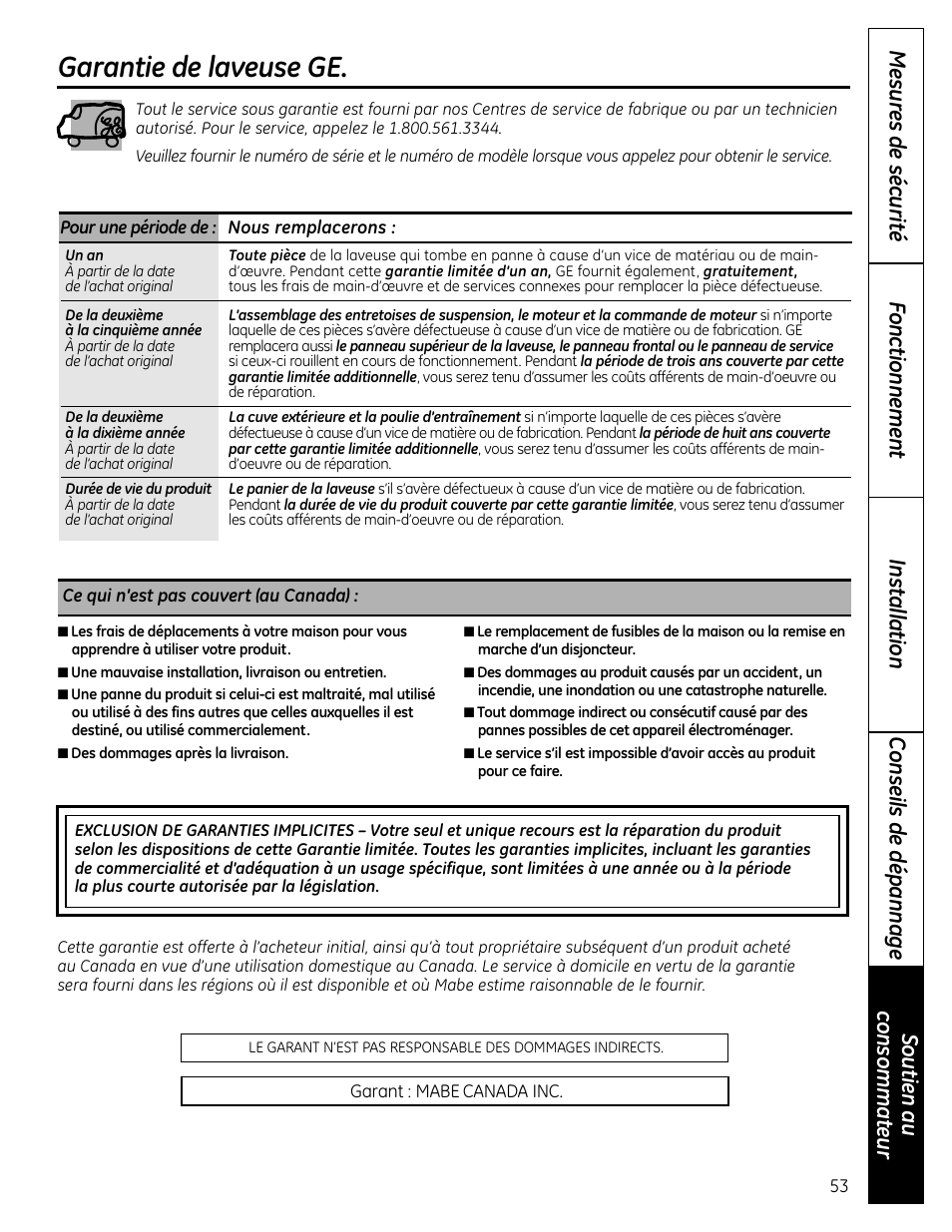 Garantie (canada), Garantie de laveuse ge | GE Profile WPDH8910K User Manual | Page 53 / 84