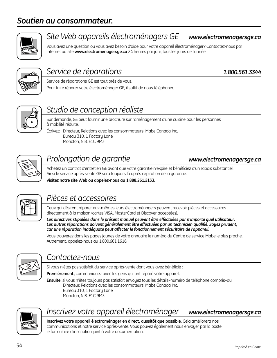 Soutien au consommateur, Service de réparations, Studio de conception réaliste | Prolongation de garantie, Pièces et accessoires, Contactez-nous, Inscrivez votre appareil électroménager | GE Profile WPDH8910K User Manual | Page 54 / 84