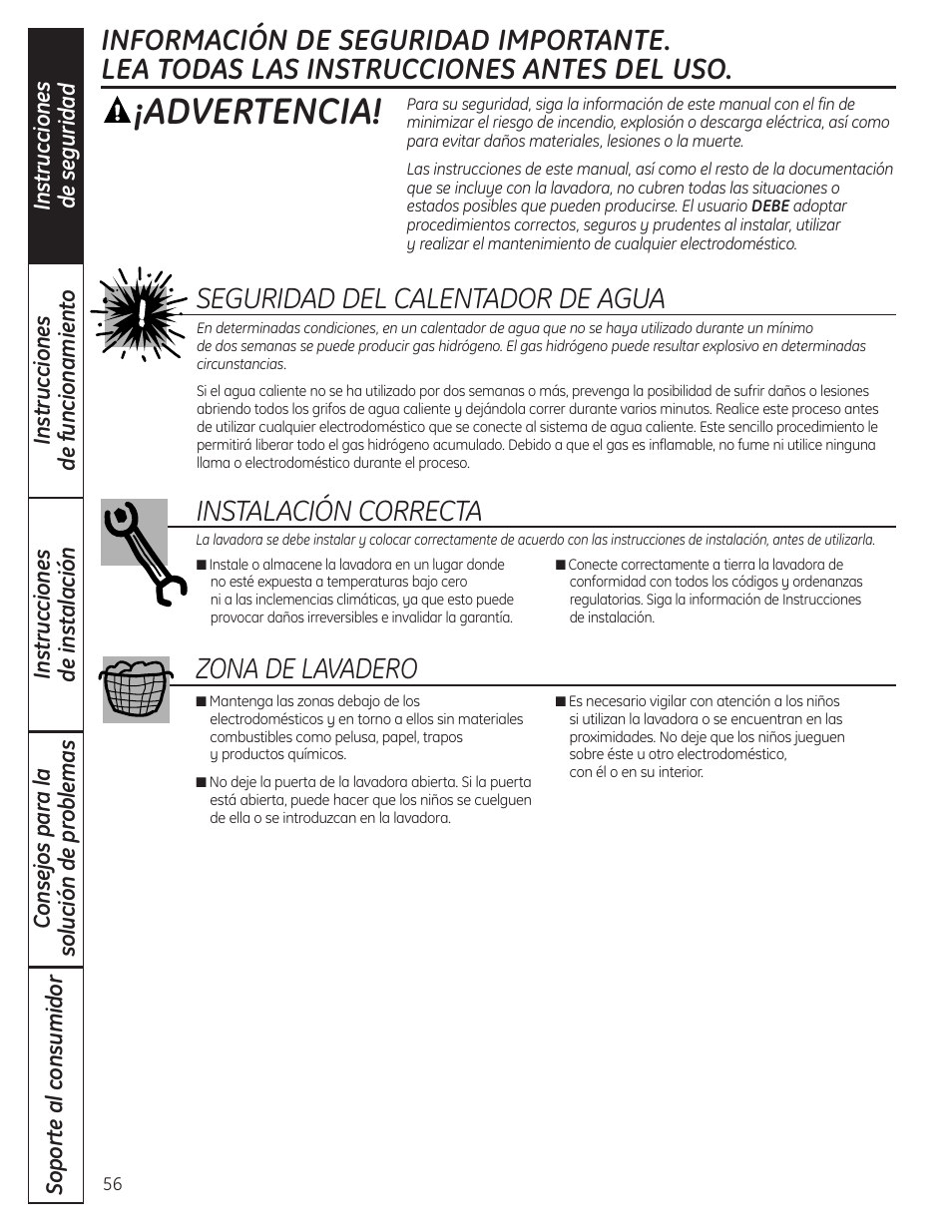 Instrucciones de seguridad, Advertencia, Seguridad del calentador de agua | Instalación correcta, Zona de lavadero | GE Profile WPDH8910K User Manual | Page 56 / 84