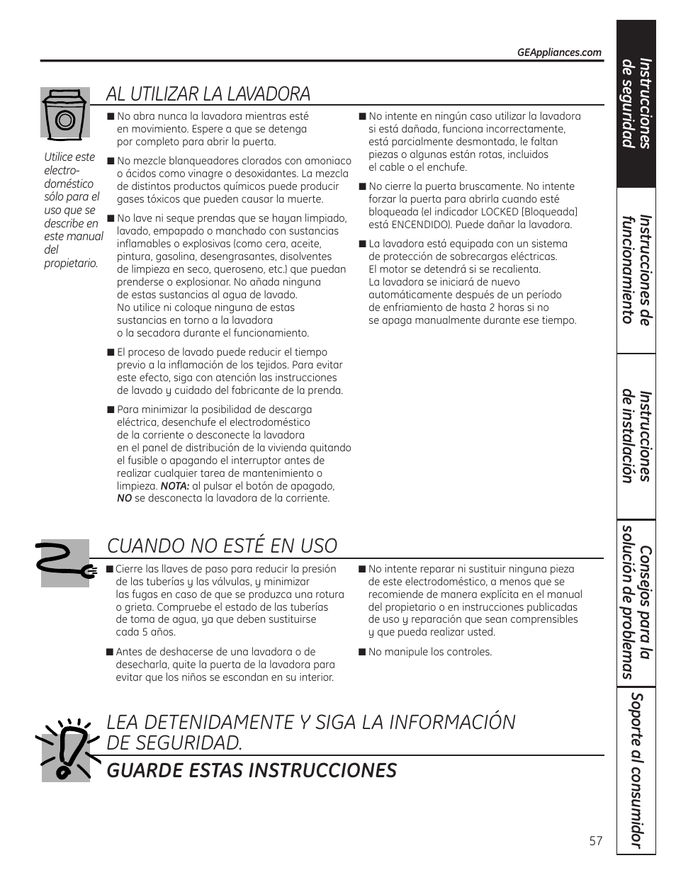 Al utilizar la lavadora, Cuando no esté en uso guarde estas instrucciones | GE Profile WPDH8910K User Manual | Page 57 / 84