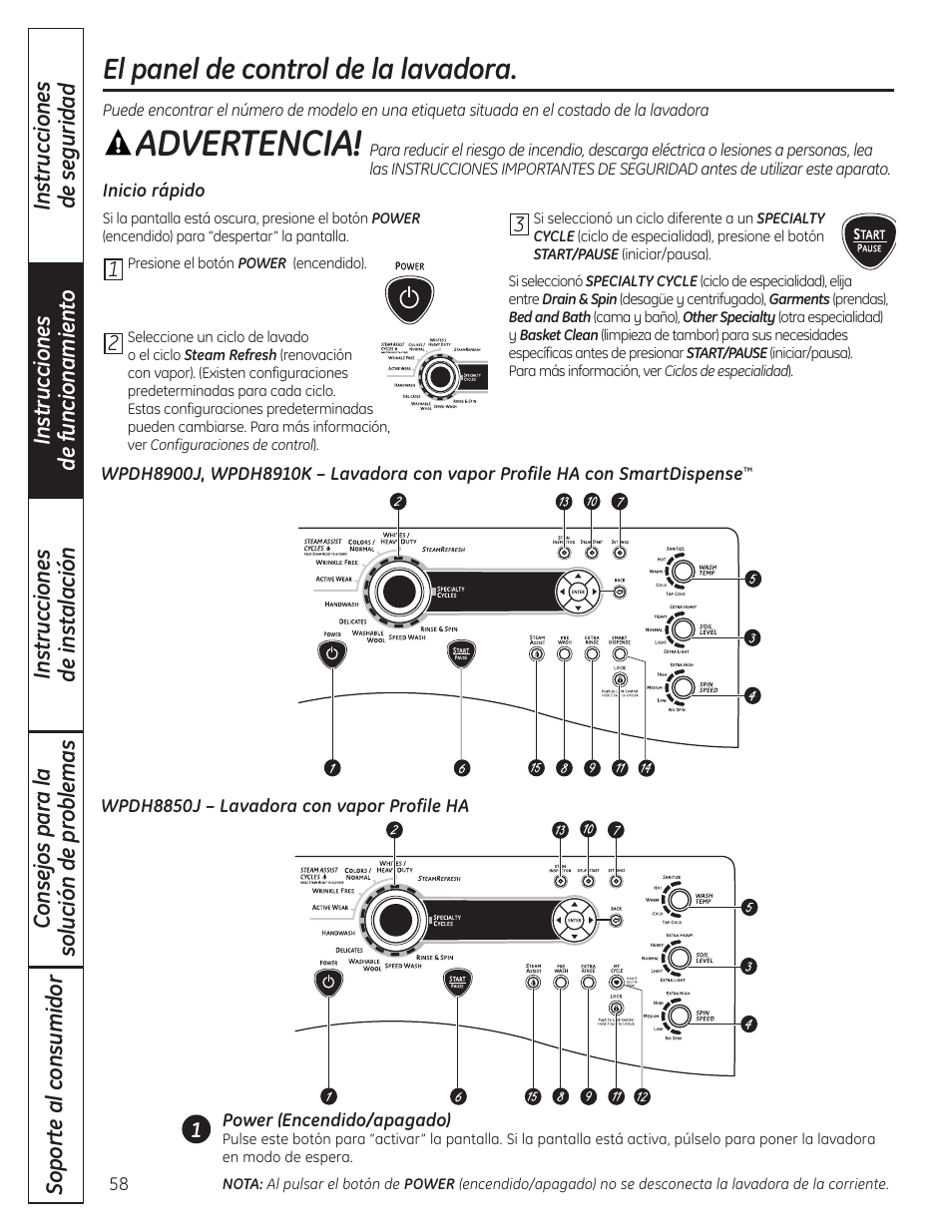 Panel de control, Advertencia, El panel de control de la lavadora | GE Profile WPDH8910K User Manual | Page 58 / 84