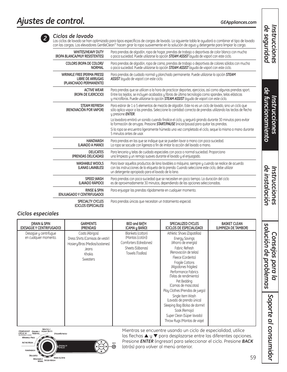 Ajustes de control, Ajustes de control –63 | GE Profile WPDH8910K User Manual | Page 59 / 84