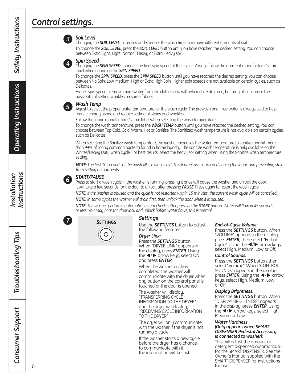 Control settings | GE Profile WPDH8910K User Manual | Page 6 / 84