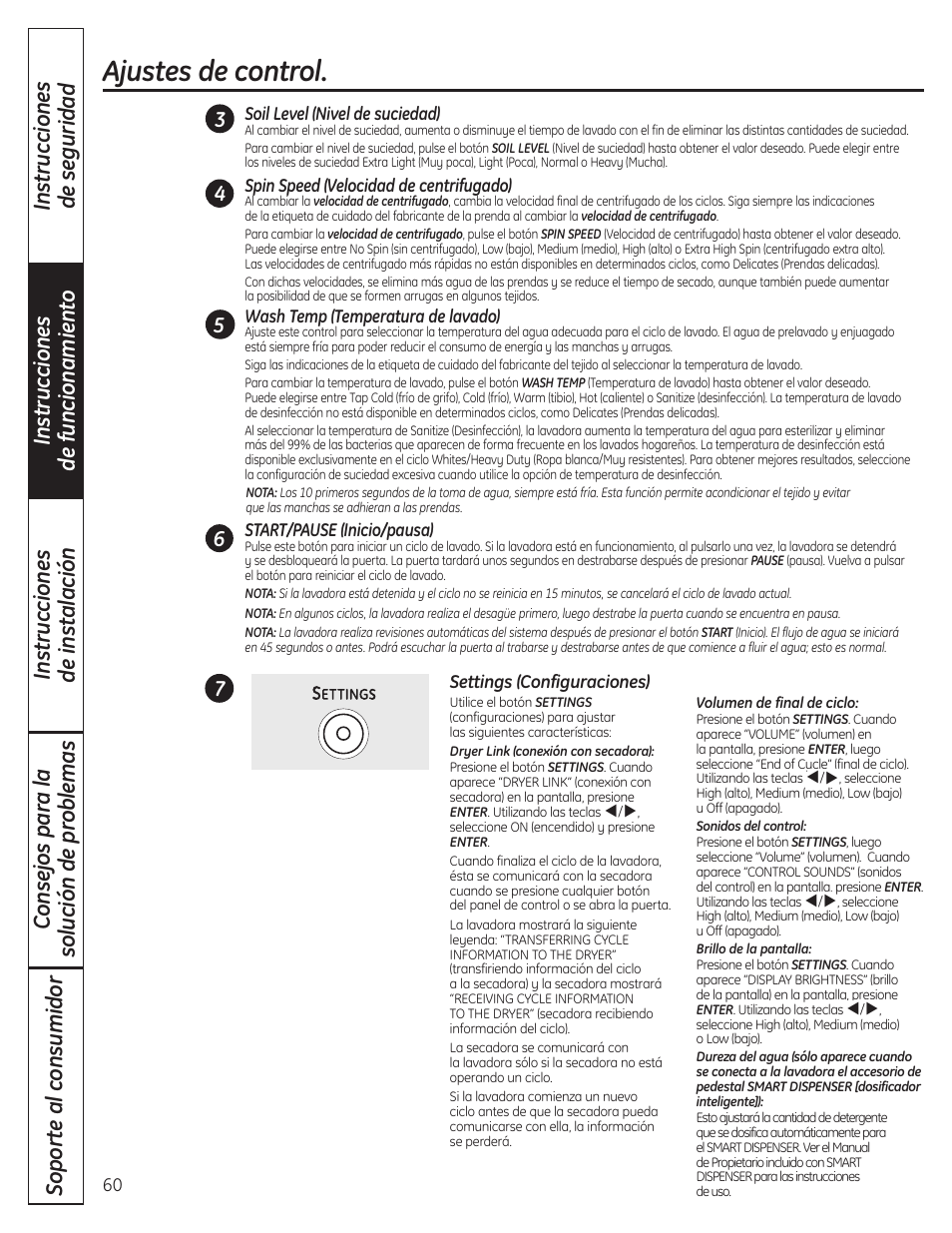 Ajustes de control | GE Profile WPDH8910K User Manual | Page 60 / 84