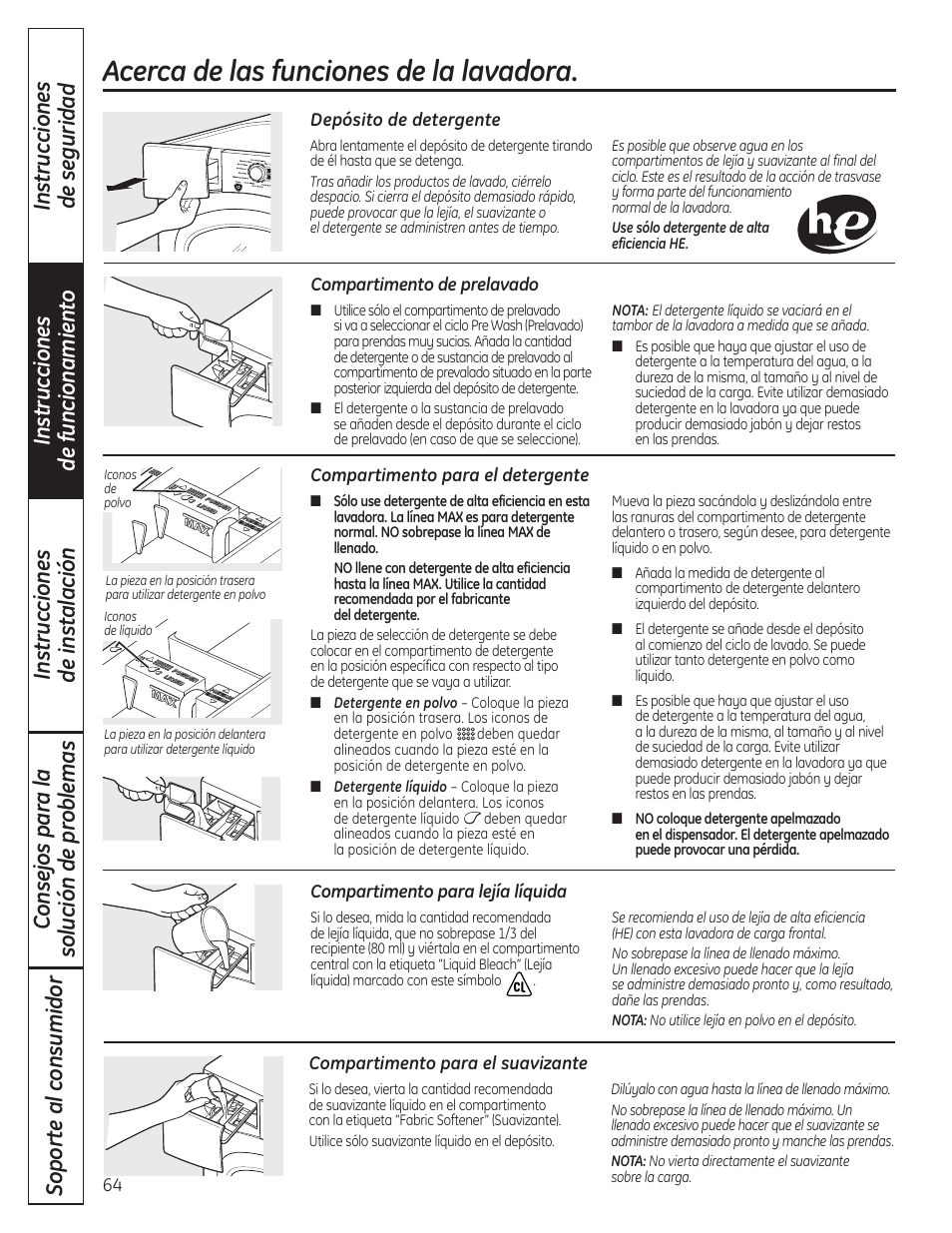 Funciones, Acerca de las funciones de la lavadora | GE Profile WPDH8910K User Manual | Page 64 / 84