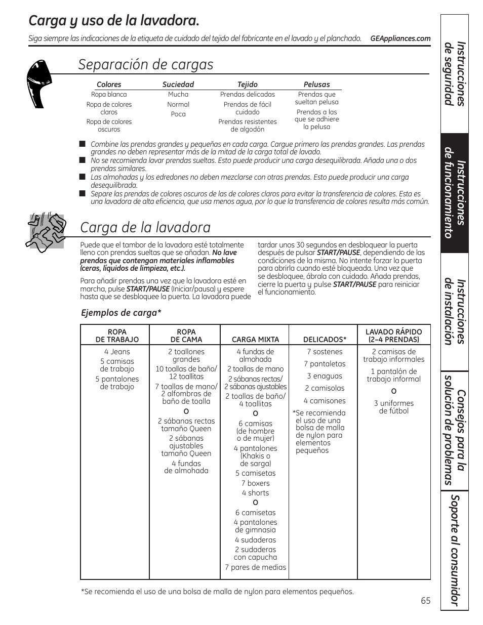 Carga y uso de la lavadora, Carga y uso de la lavadora –68, Separación de cargas carga de la lavadora | GE Profile WPDH8910K User Manual | Page 65 / 84