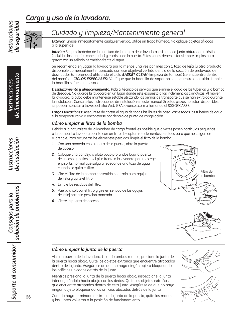 Cuidado y limpieza/mantenimiento general, Carga y uso de la lavadora | GE Profile WPDH8910K User Manual | Page 66 / 84
