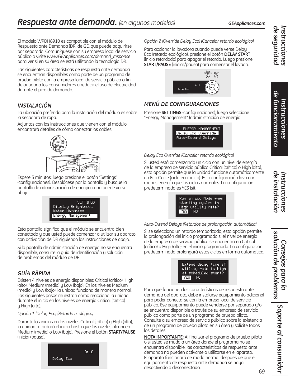 Respuesta ante demanda | GE Profile WPDH8910K User Manual | Page 69 / 84