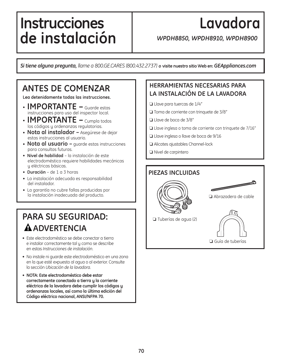 Instrucciones de instalación, Preparación para la instalación de la lavadora, Instrucciones lavadora de instalación | Antes de comenzar, Para su seguridad, Importante, Advertencia | GE Profile WPDH8910K User Manual | Page 70 / 84