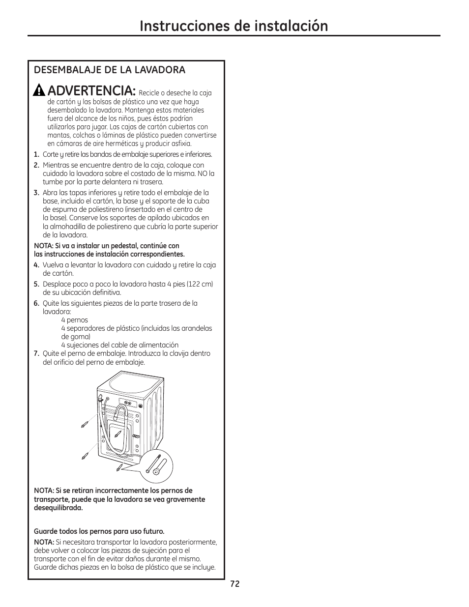Desembalaje de la lavadora, Instrucciones de instalación, Advertencia | GE Profile WPDH8910K User Manual | Page 72 / 84