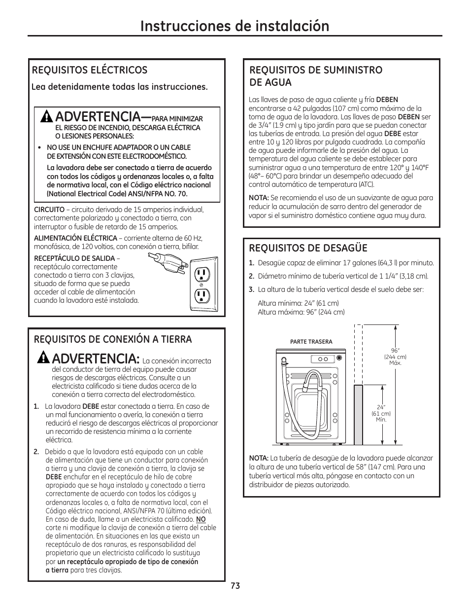 Requisitos de conexión de tierra, Requisitos de desagüe, Requisitos de suministro de agua | Requisitos eléctricos, Instrucciones de instalación, Advertencia | GE Profile WPDH8910K User Manual | Page 73 / 84
