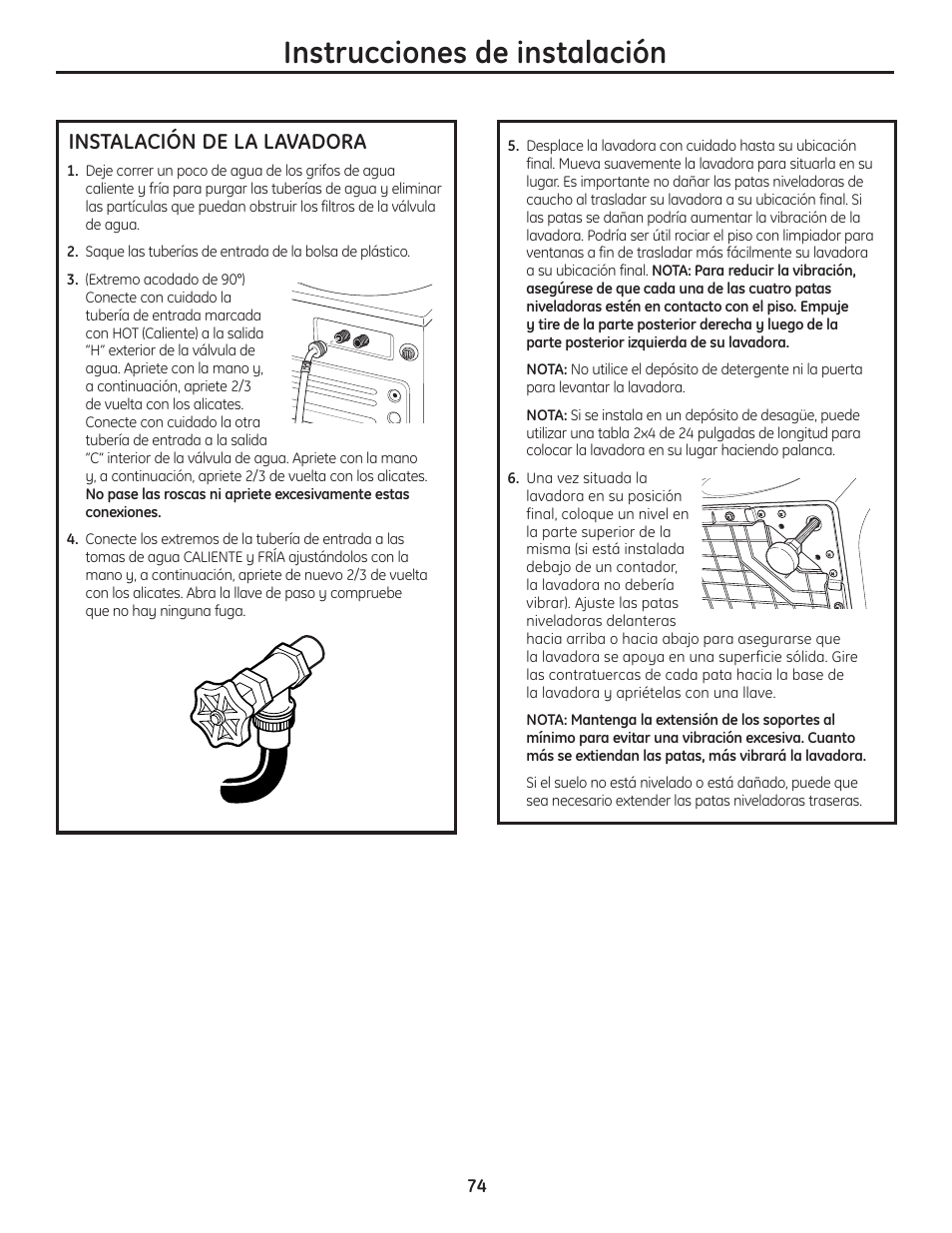 Instalación de la lavadora, Instalación de la lavadora , 75, Instrucciones de instalación | GE Profile WPDH8910K User Manual | Page 74 / 84