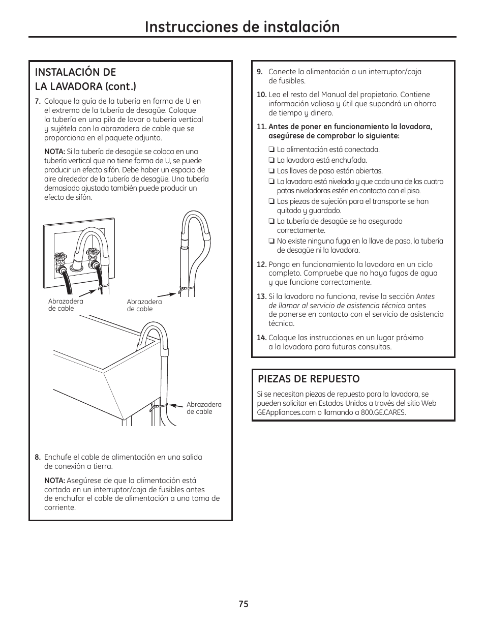 Piezas de repuesto, Instrucciones de instalación, Instalación de la lavadora (cont.) | GE Profile WPDH8910K User Manual | Page 75 / 84