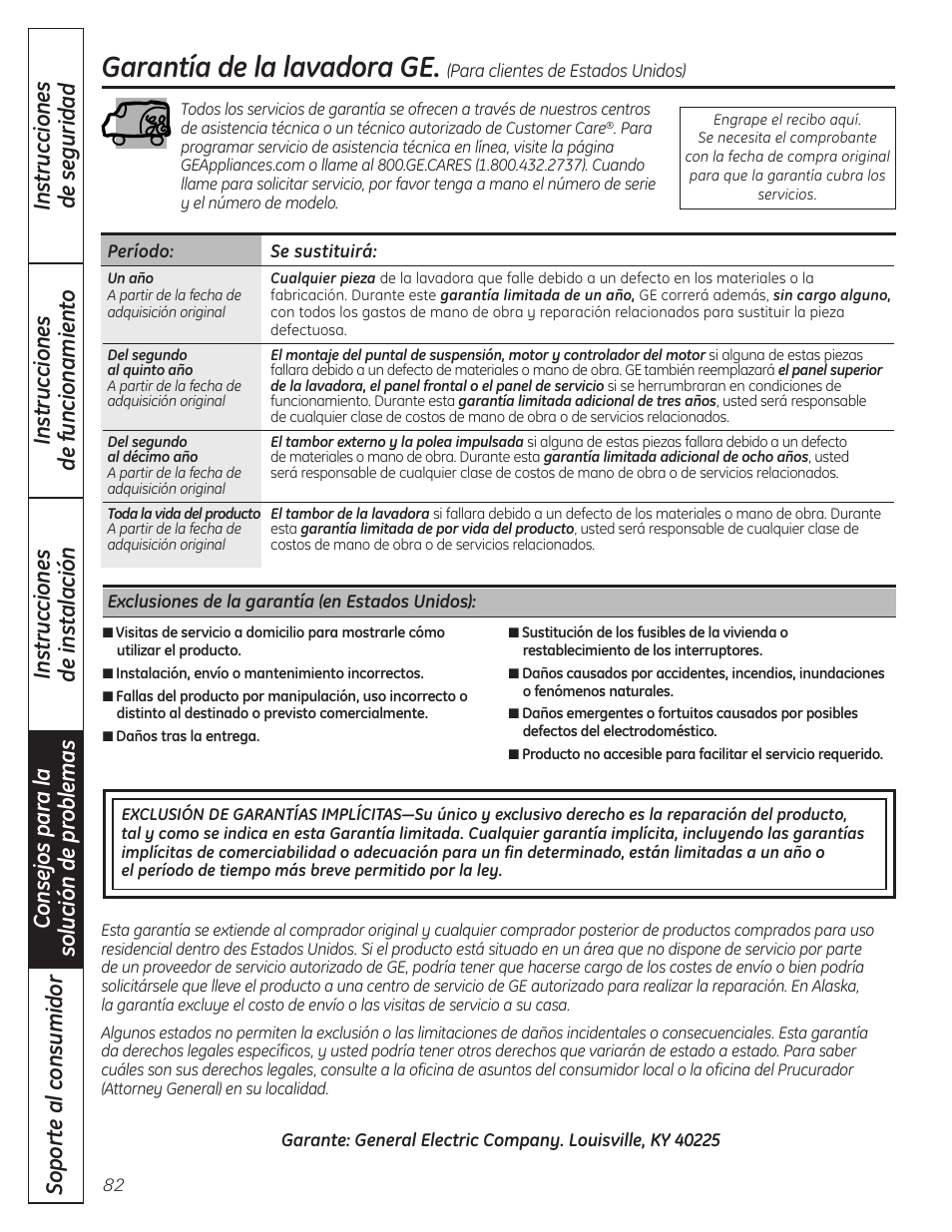 Garantía (ee.uu.), Garantía de la lavadora ge | GE Profile WPDH8910K User Manual | Page 82 / 84