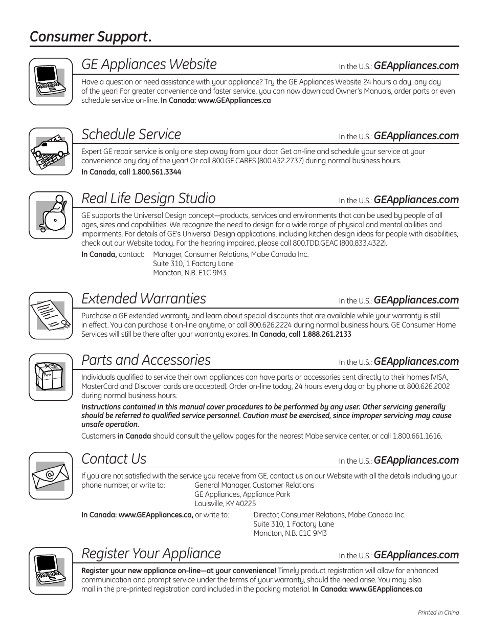 Consumer support, Consumer support . . . . . . . . . . back cover, Consumer support. ge appliances website | Schedule service, Real life design studio, Extended warranties, Parts and accessories, Contact us, Register your appliance | GE Profile WPDH8910K User Manual | Page 84 / 84