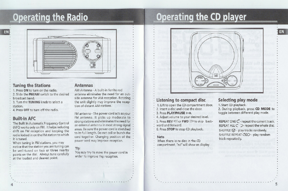 Oderatina the radio, Operatina the cd plaver | GE 1-Jul User Manual | Page 4 / 7