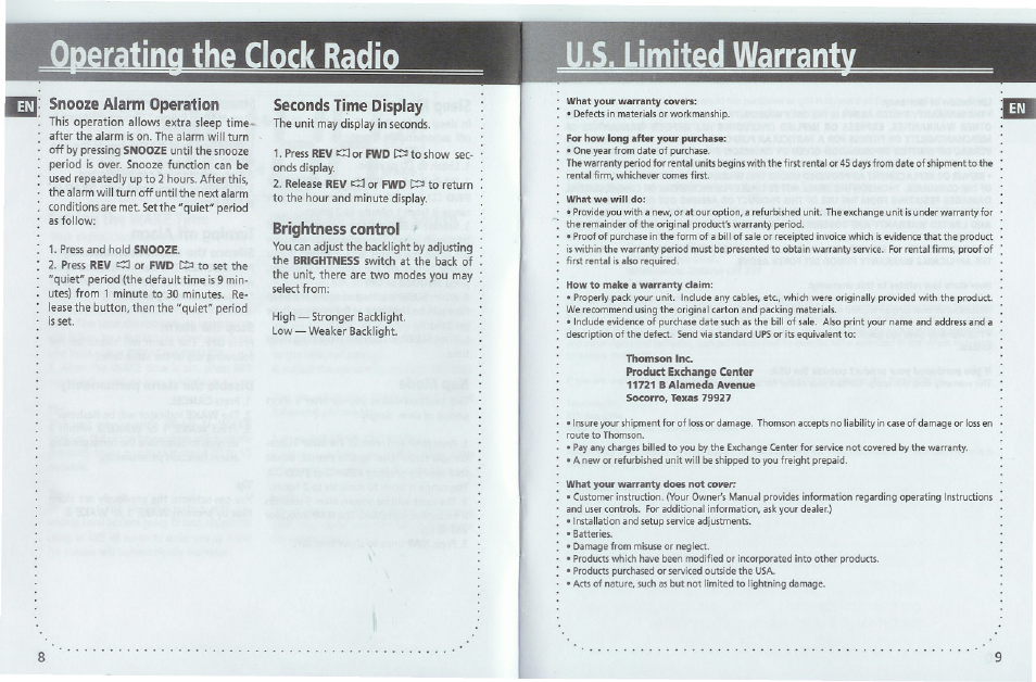Snooze alarm operation, Seconds time display, Brightness control | GE 1-Jul User Manual | Page 6 / 7