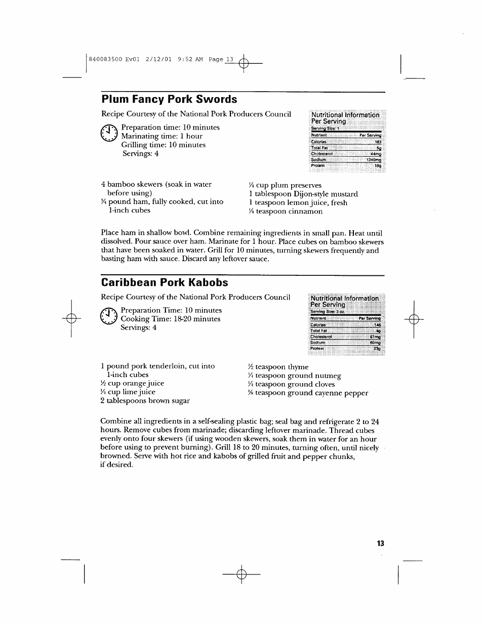 Plum fancy pork swords, Caribbean pork kabobs | GE 840083500 User Manual | Page 13 / 32