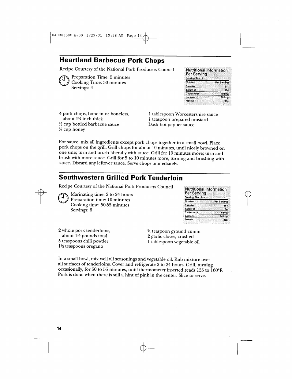 Heartland barbecue pork chops, Southwestern grilled pork tenderloin | GE 840083500 User Manual | Page 14 / 32