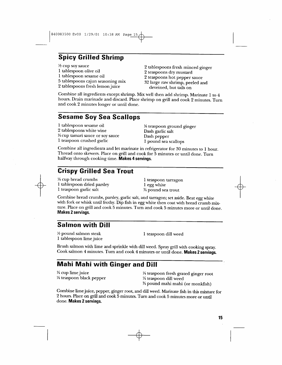 Spicy grilled shrimp, Sesame soy sea scallops, Crispy grilled sea trout | Salmon with dill, Mahi mahi with ginger and dill | GE 840083500 User Manual | Page 15 / 32
