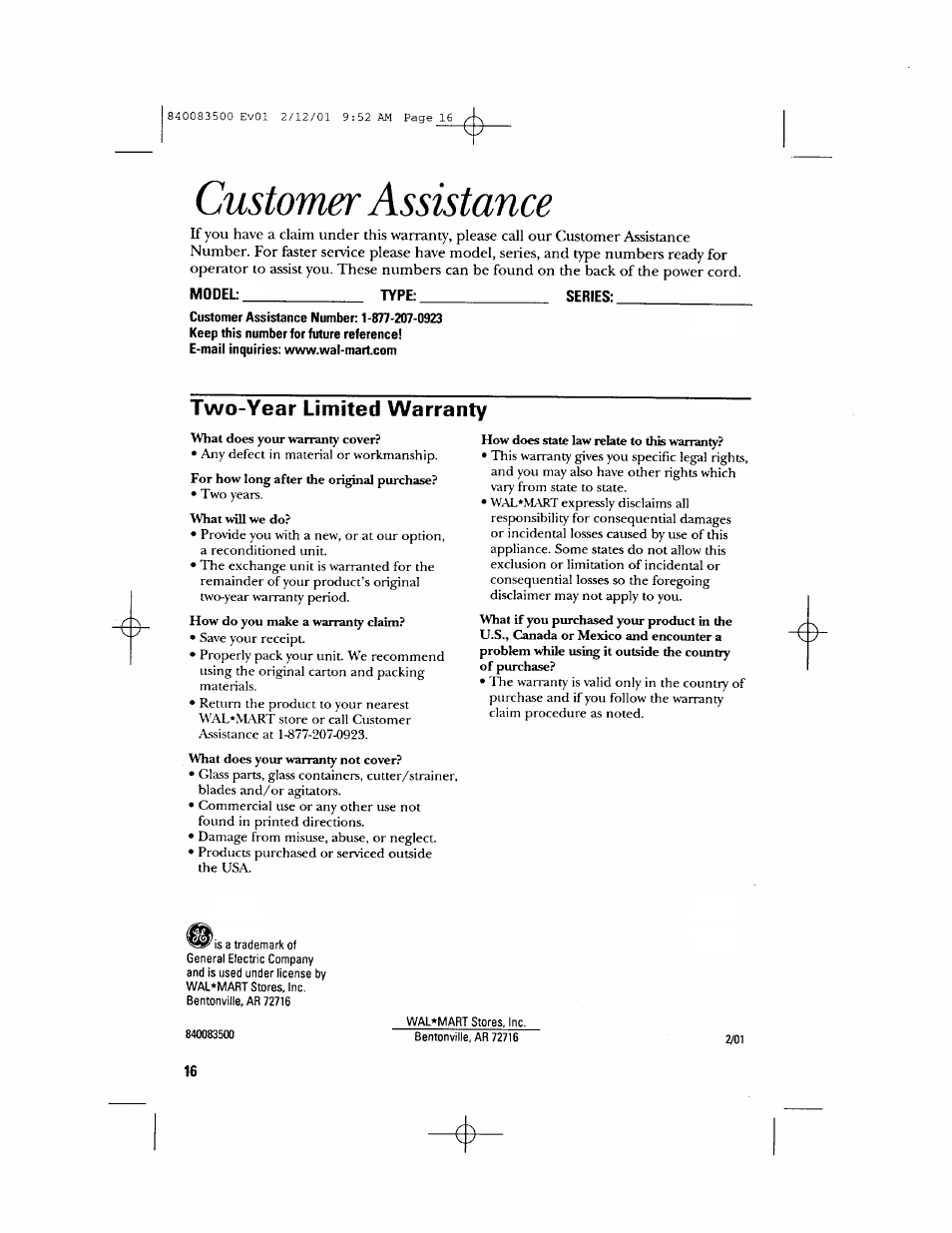 Customer assistance, Two-year limited warranty | GE 840083500 User Manual | Page 16 / 32