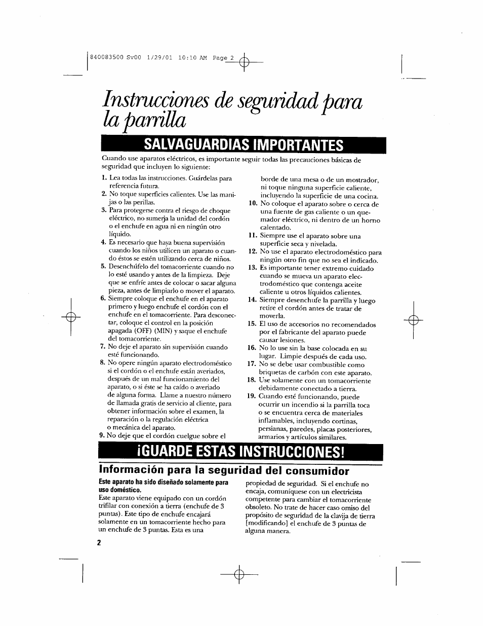 Instrucciones de seguridad para la parrilla, Salvaguardias importantes, Íguarde estas instrucciones | Información para la seguridad del consumidor | GE 840083500 User Manual | Page 18 / 32