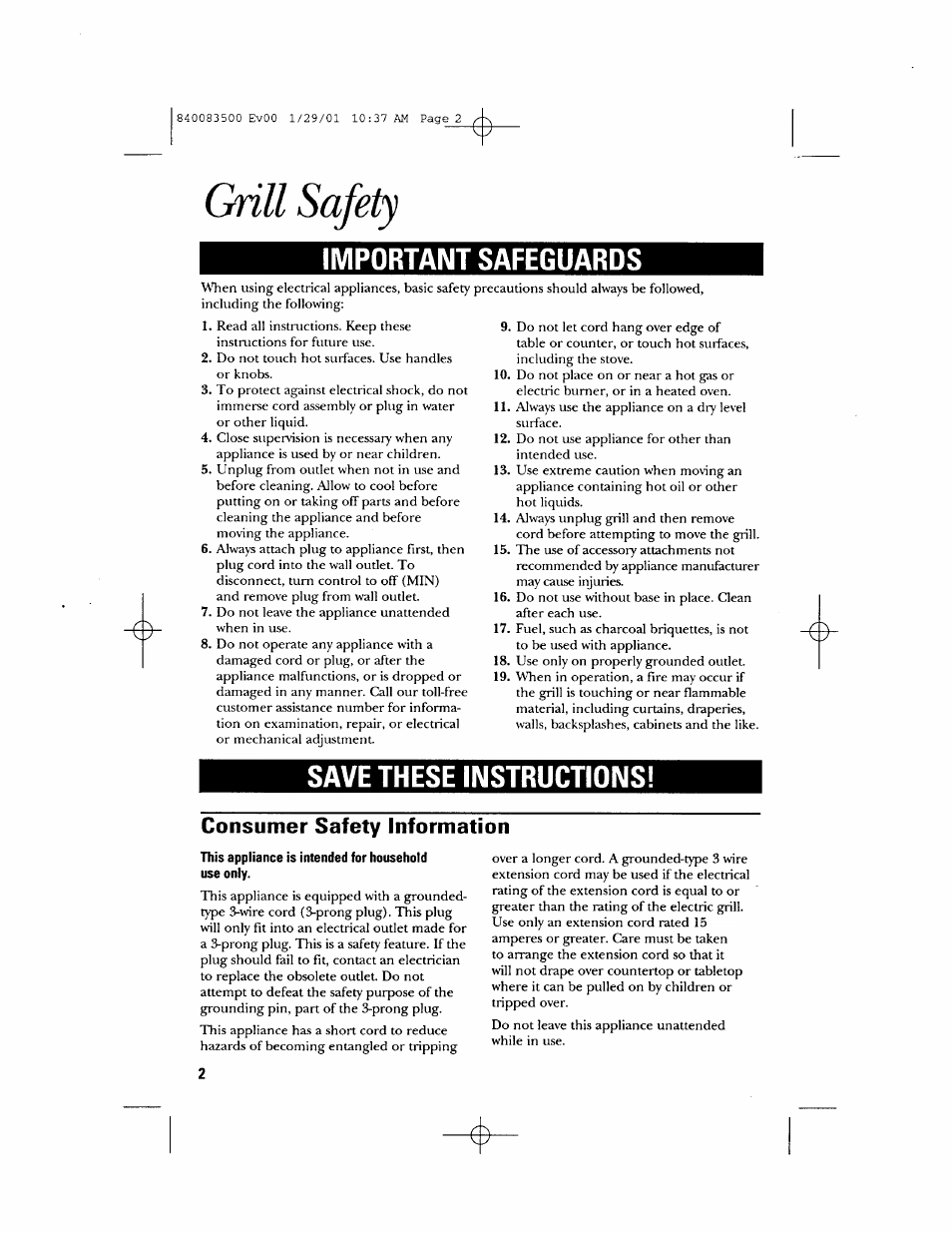 Grill safety, Important safeguards, Save these instructions | Consumer safety information | GE 840083500 User Manual | Page 2 / 32