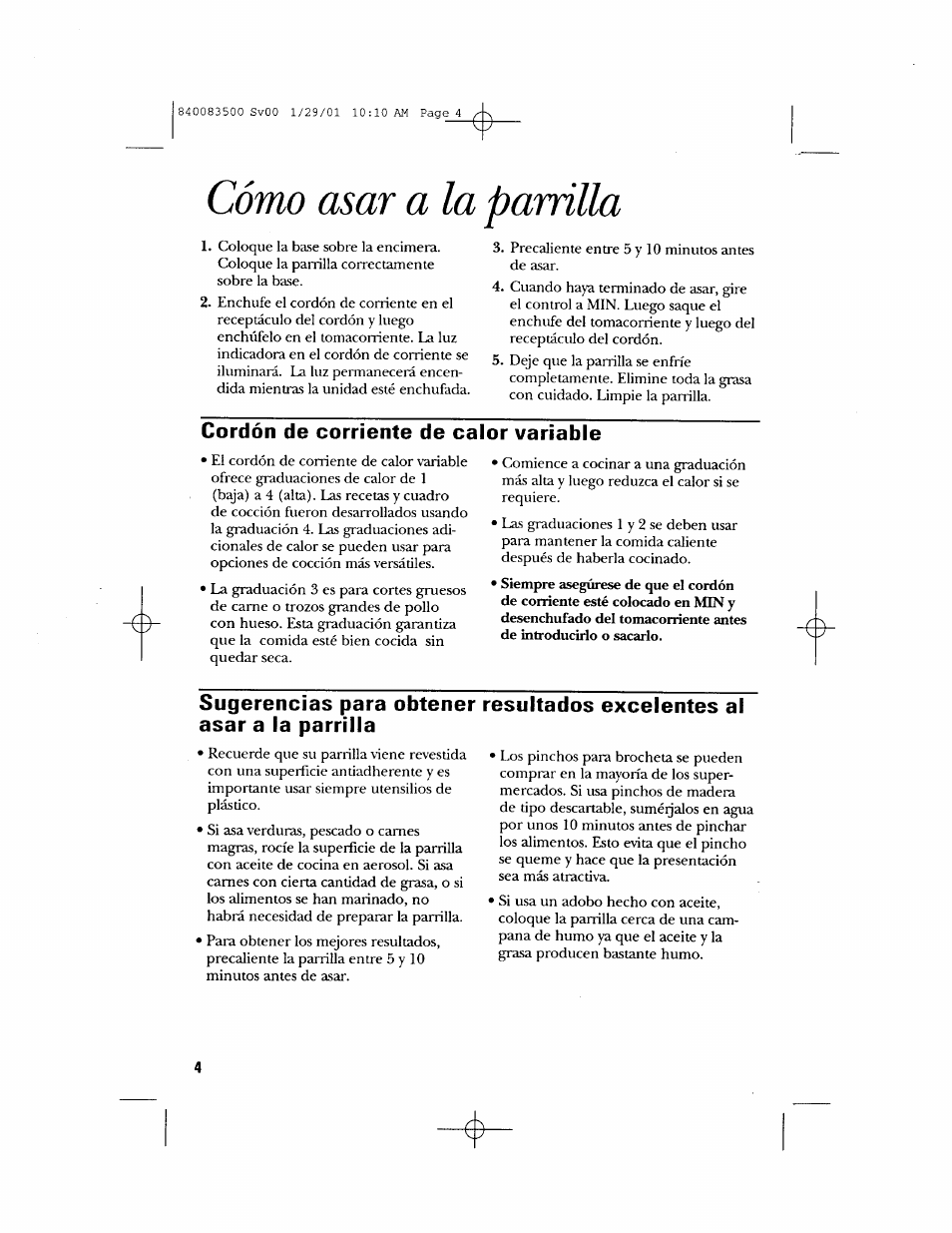 Como asar a la parnlla, Cordón de corriente de calor variable, E- como asar a la parnlla | GE 840083500 User Manual | Page 20 / 32