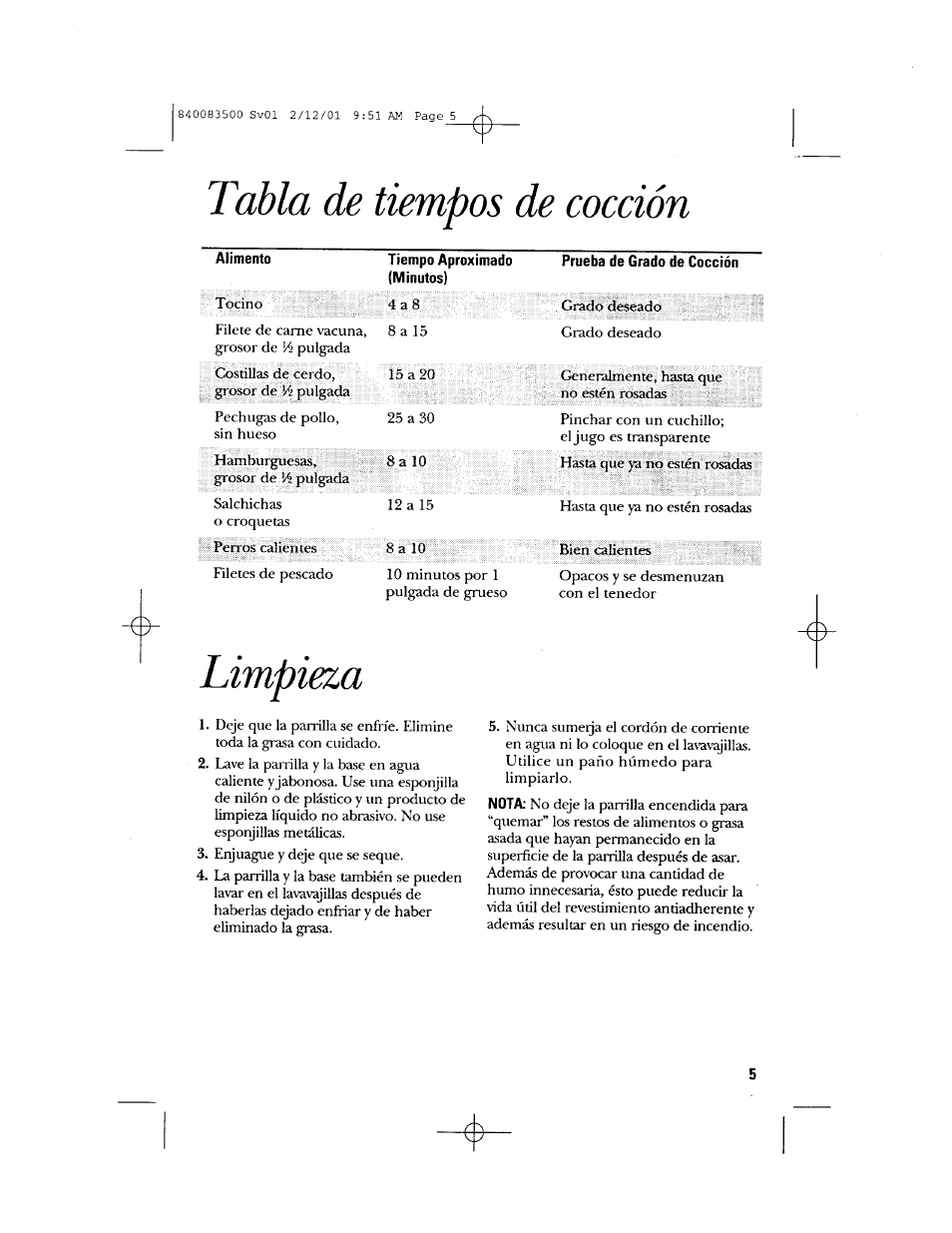 Tabla de tiempos de cocción, Limpieza | GE 840083500 User Manual | Page 21 / 32