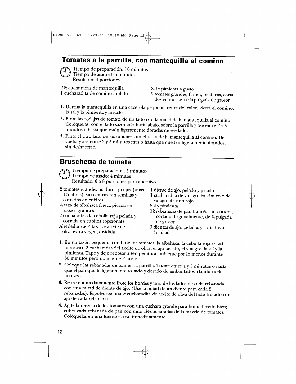 Tomates a la parrilla, con mantequilla al comino, Bruschettà de tomate | GE 840083500 User Manual | Page 28 / 32