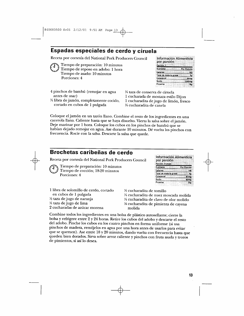 Espadas especiales de cerdo y ciruela, Brochetas caribeñas de cerdo | GE 840083500 User Manual | Page 29 / 32