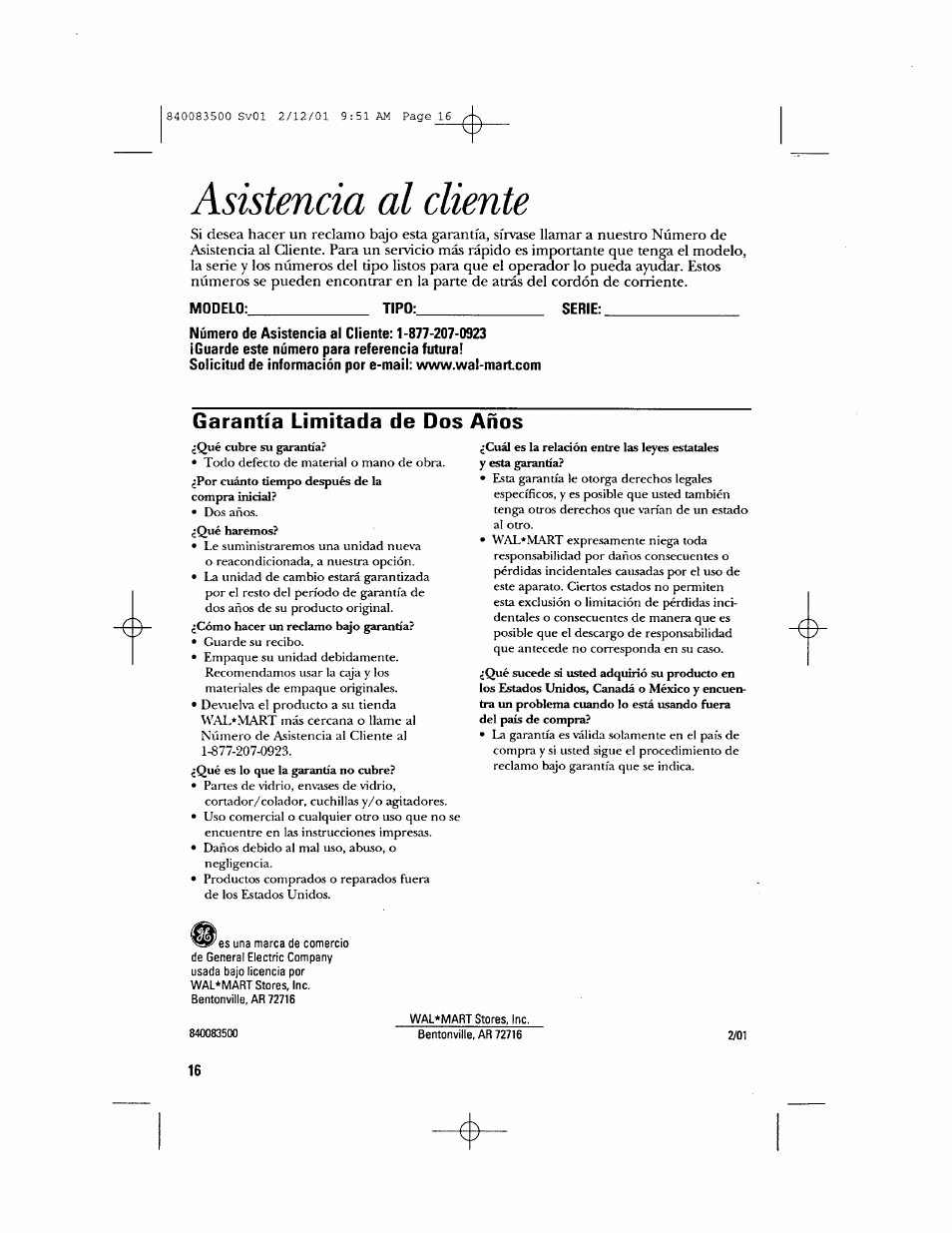 Asistencia al cliente, Garantía limitada de dos años | GE 840083500 User Manual | Page 32 / 32
