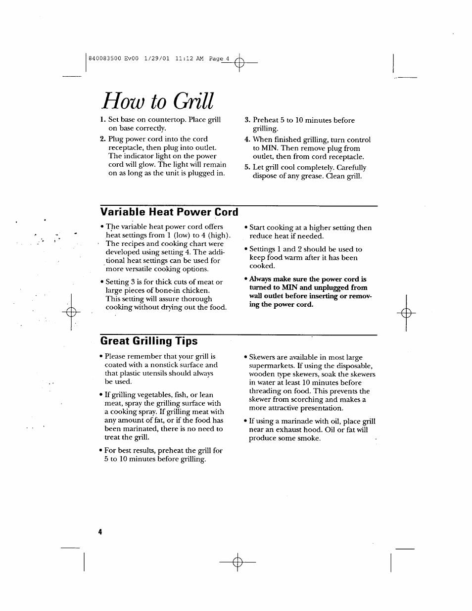 How to grill, Variable heat power cord, Great grilling tips | GE 840083500 User Manual | Page 4 / 32